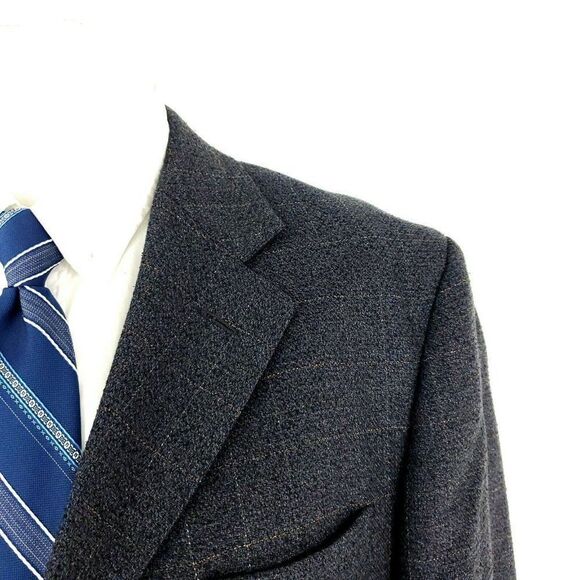 Pronto Uomo Wool 3 Button Blazer 42R Gray Blue W/ Brown Windowpane Sport Coat - Picture 2 of 11